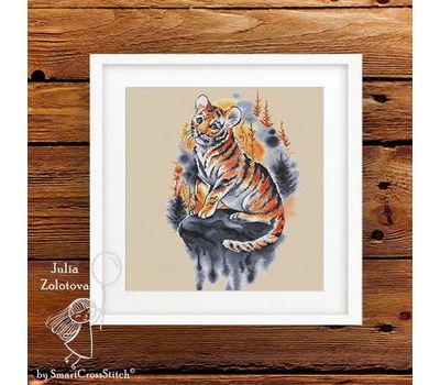 Autumn cross stitch chart ''Baby Tiger'' beige canvas