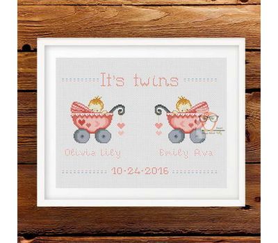 Birth sampler Twins baby cross stitch pattern