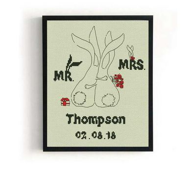 Wedding sampler cross stitch chart Mr and Mrs bunnies
