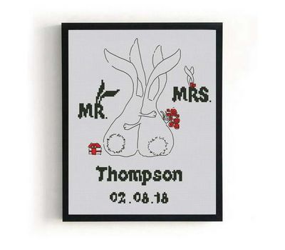 Wedding sampler cross stitch pattern Mr and Mrs bunnies