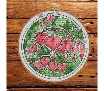 Floral round cross stitch pattern Bleeding Heart Plant}
