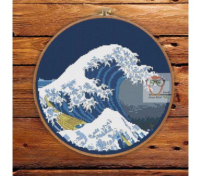 Great Wave Hokusai cross stitch pattern blue canvas