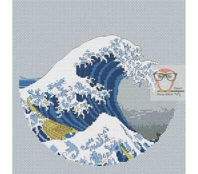 Great Wave Hokusai cross stitch pattern gray canvas