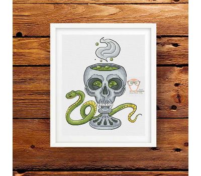 Cup of Death Skull with Green Snake cross stitch pattern