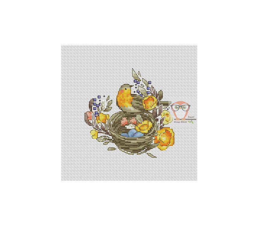 Bird Cross Stitch Nest with Eggs embroidery design